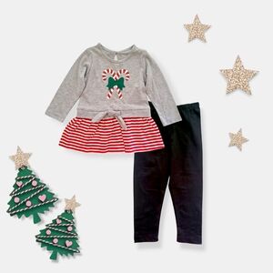 Girls Christmas Candy Canes Striped 2 Pc Set Shirt & Leggings